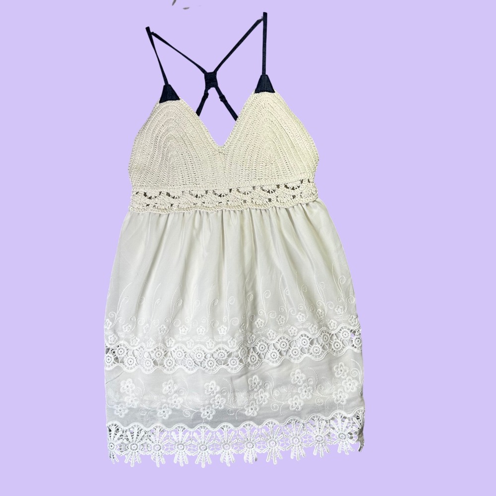 Banana Heart Y2K Crochet Lace Babydoll Cami Top Boho Fairycore White Medium